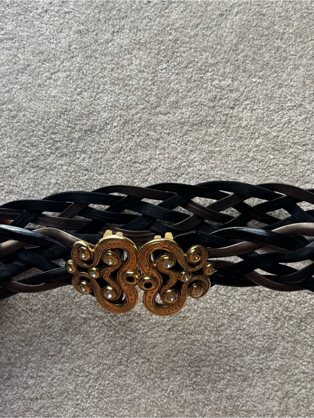 Emanuel Ungaro Braided Black and Brown Belt with Decorative Gold Buckle